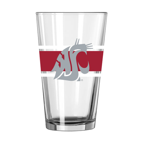 Washington State 16oz stripe pint glass by Logo Brands, clear glass drinkware with blue and white stripes, ideal for beverages.