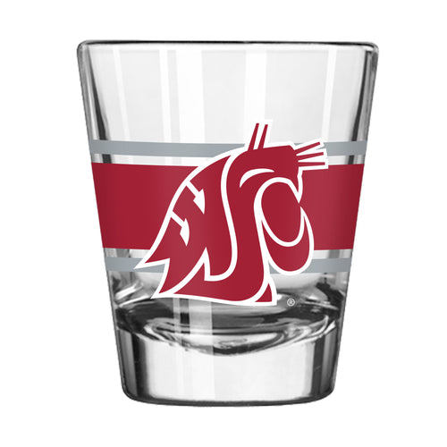 Washington State 2oz Stripe Shot Glass by Logo Brands, clear glass drinkware with blue and white striped design.