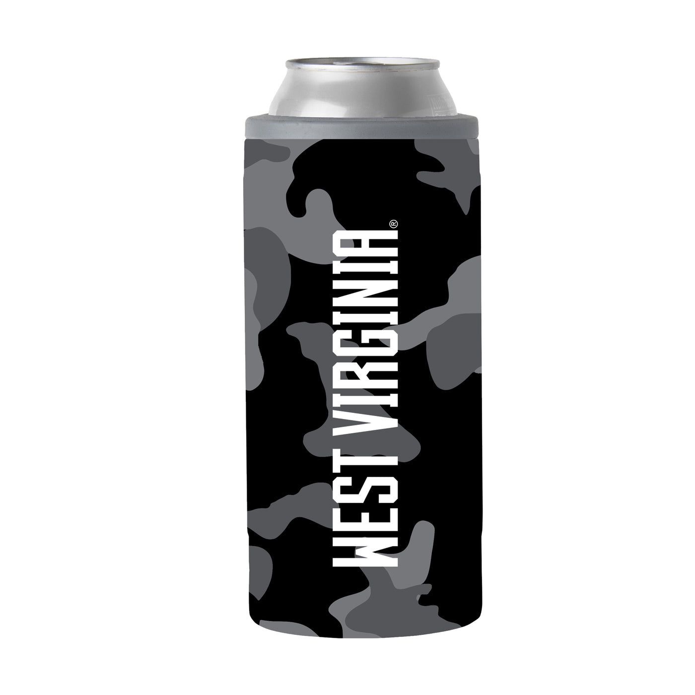 West Virginia Black Camo 12oz Slim Can Coolie