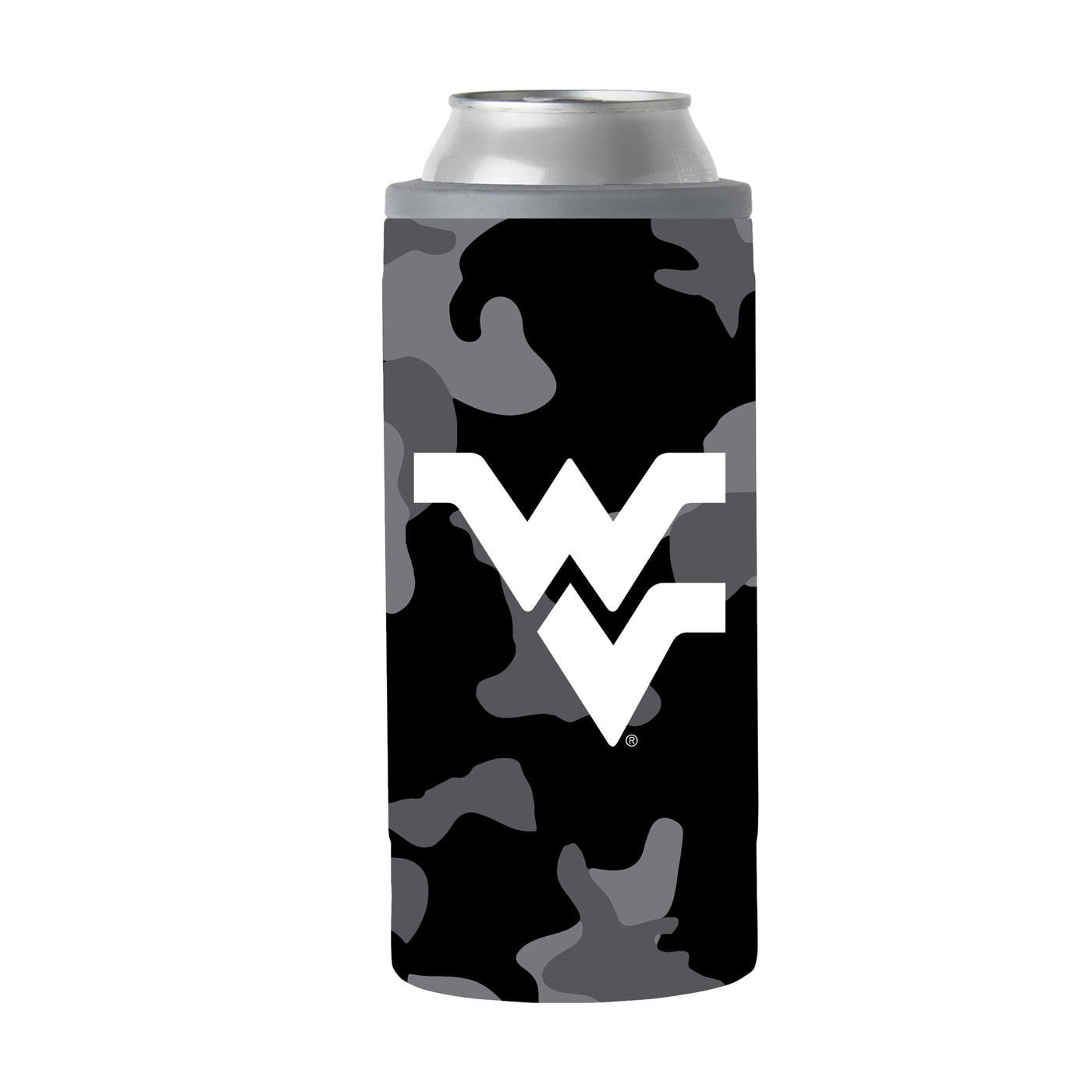 West Virginia Black Camo 12oz Slim Can Coolie