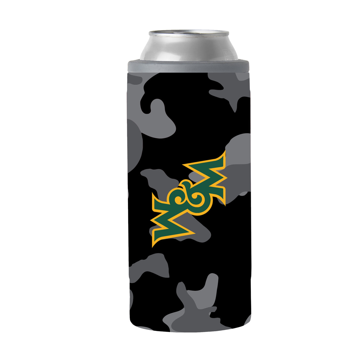 William & Mary Black Camo 12oz Slim Can Coolie
