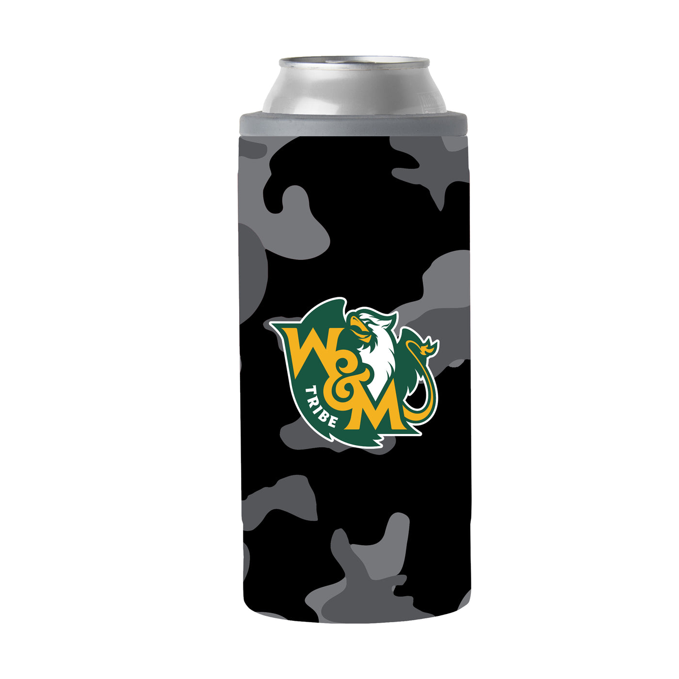 William & Mary Black Camo 12oz Slim Can Coolie