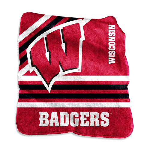 Wisconsin Raschel throw blanket by Logo Brands, soft and cozy with a detailed Wisconsin design, perfect for cozying up.