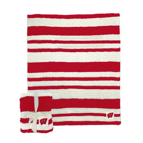 Wisconsin Cable Knit Throw blanket by Logo Brands, 50x60 inches, soft cable-knit in team colors, perfect for cozying up.