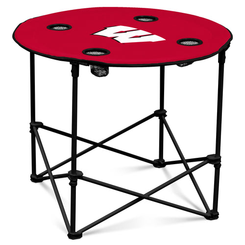 Wisconsin Round Table by Logo Brands, a sturdy wooden furniture piece with a smooth round surface and natural finish.