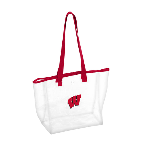 Clear tote bag with Wisconsin Stadium logo, made of durable transparent material, suitable for stadiums and sporting events.