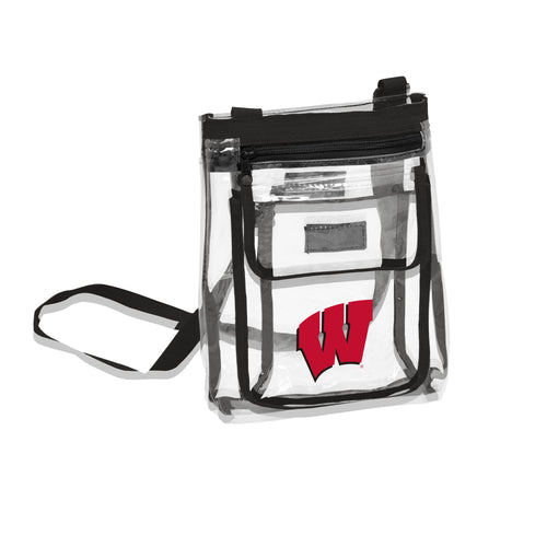 Clear crossbody bag with Wisconsin Gameday logo, featuring adjustable strap and spacious main compartment for essentials.