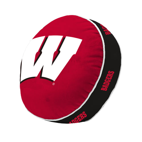 Wisconsin Puff Pillow blanket by Logo Brands featuring a soft, cozy fabric with Wisconsin state design and team logo.
