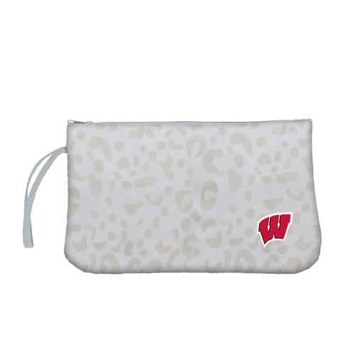 Wisconsin Leopard Print Wristlet bag by Logo Brands featuring leopard pattern fabric and a wrist strap for easy carrying.