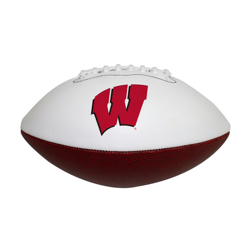 Official Wisconsin autograph football by Logo Brands, recreation-sized leather football with signature details visible.