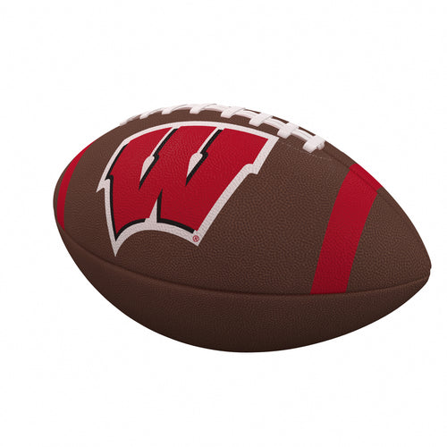 Official Wisconsin Team Stripe composite football by Logo Brands, showing the team colors and logo on a recreation football.