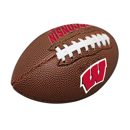 Wisconsin Mini Size Composite Football by Logo Brands for recreation, showing a small Wisconsin-themed football with team logo.