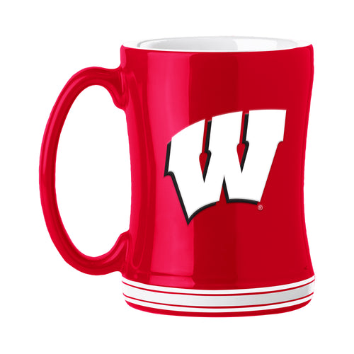 Wisconsin 14oz Relief Mug by Logo Brands, ceramic drinkware featuring embossed Wisconsin state design, front view.