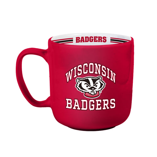 Wisconsin 15oz striped mug by Logo Brands, ceramic drinkware with blue and white stripes and Wisconsin logo design.