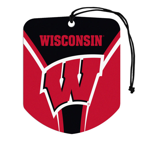 Wisconsin Air Freshener auto pack by Logo Brands, featuring two colorful car air fresheners with Wisconsin-themed designs.