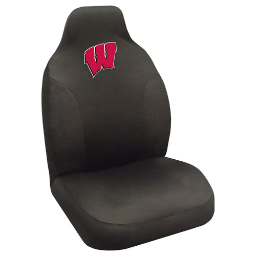 University of Wisconsin auto seat cover by Logo Brands, featuring team logo and sporty design for vehicle interior protection.