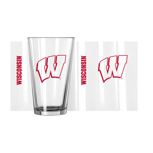 Wisconsin Gameday 16oz pint glass by Logo Brands, featuring team logo and design for college sports fans.