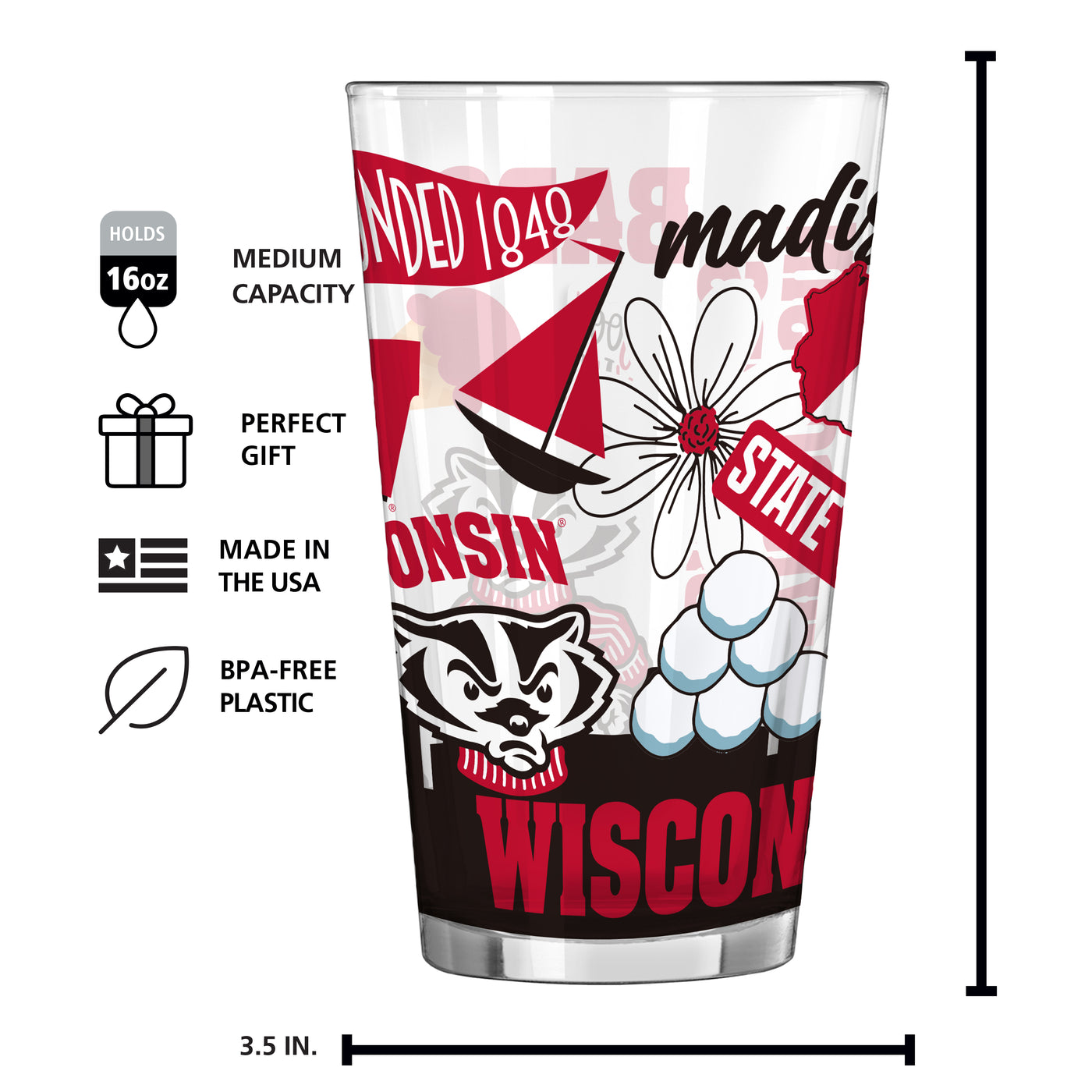 Wisconsin 16oz Native Pint Glass