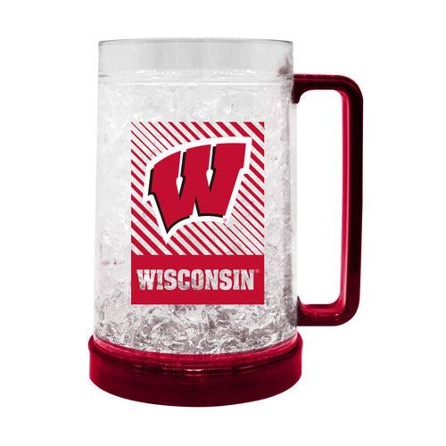 Wisconsin Freezer Mug by Logo Brands, clear drinkware with Wisconsin logo, designed to keep beverages cold.