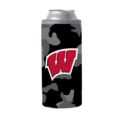 Wisconsin Black Camo 12oz Slim Can Coolie - Logo Brands