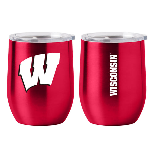 16oz stainless steel curved beverage tumbler with Wisconsin Gameday logo from Logo Brands, featuring a durable design and team graphics.