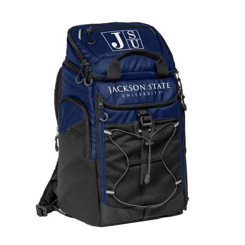 Jackson State 26 Can Logo Brands backpack cooler with insulated interior and adjustable straps, designed for outdoor use.