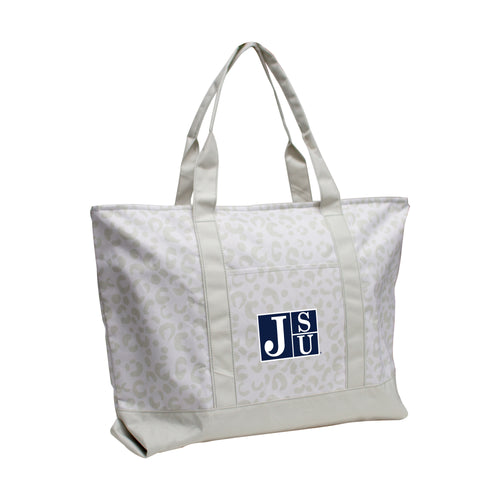 Jackson State leopard pattern tote bag by Logo Brands, showing the stylish bag with bold animal print and sturdy handles.