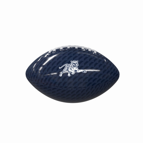 Glossy Jackson State carbon fiber mini football for recreation by Logo Brands, featuring team logo and sleek glossy finish.