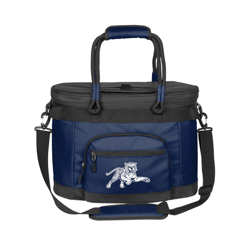 Jackson State 35 Can Flex Cooler by Logo Brands, black soft cooler with Jackson State logo and adjustable shoulder strap.