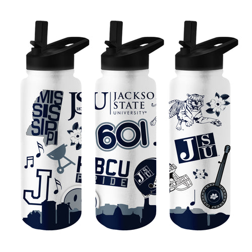 Jackson State 34oz Native Quencher Bottle by Logo Brands, large drinkware with Jackson State logo and vibrant blue design.