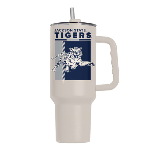 Jackson State 40oz poster powder coat tumbler, durable drinkware with Jackson State logo, perfect for hot or cold beverages.
