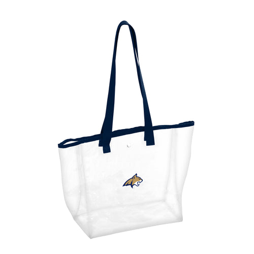 Clear stadium bag by Logo Brands, designed for sports events, showing its transparent design and sturdy handles.