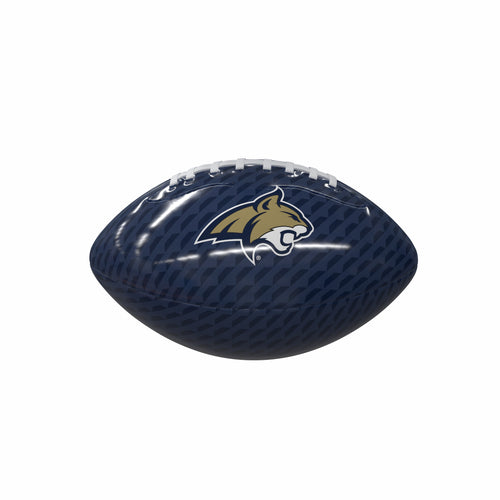 Glossy Montana State carbon fiber mini football by Logo Brands for recreation, showcasing the team's logo and sleek design.