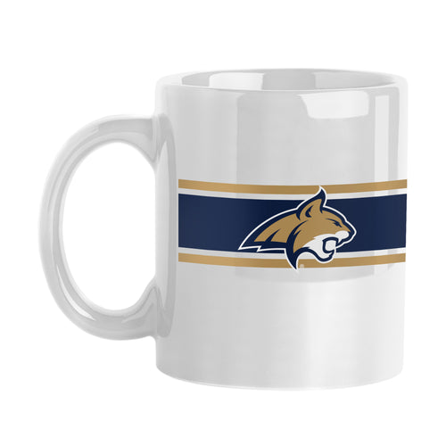Montana State 11oz stripe sublimated mug with Montana State logo, white ceramic drinkware, and colorful striped design.