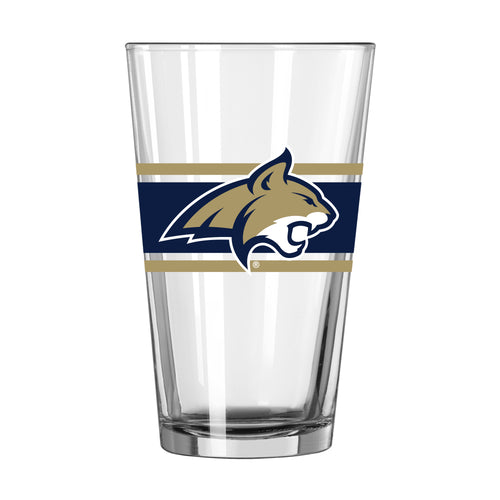 Montana State 16oz Stripe Pint Glass featuring Montana State logo, clear glass drinkware with blue and white stripe design