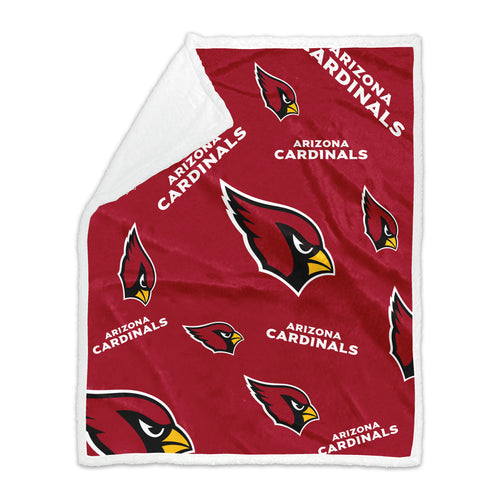 Arizona Cardinals plush sherpa throw blanket, 60x70 inches, featuring team logo and vibrant red and black colors.