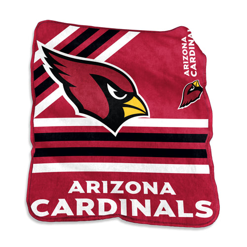 Arizona Cardinals Raschel throw blanket by Logo Brands, soft and cozy with team logo and vibrant red and navy colors.