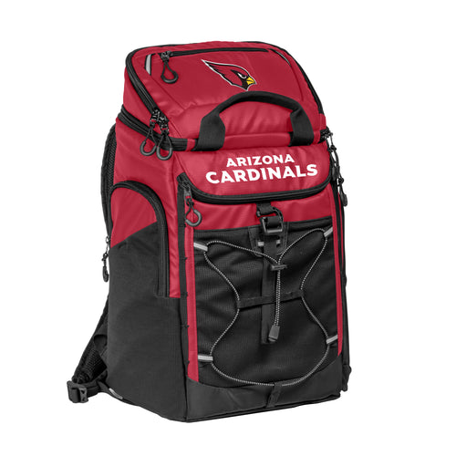 Arizona Cardinals 26-can backpack cooler by Logo Brands with insulated main compartment and adjustable straps.