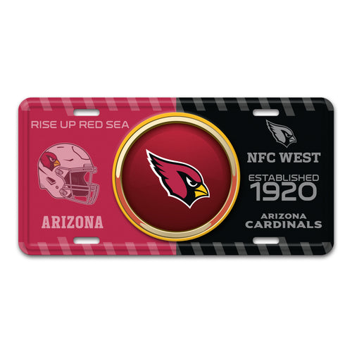 Arizona Cardinals embossed metal license plate with team logo and branding, ideal for car decoration or fan display.