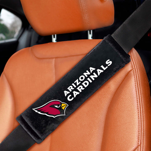Pair of NFL Arizona Cardinals embroidered auto seat belt pads by Logo Brands, featuring team logo and comfortable padding.
