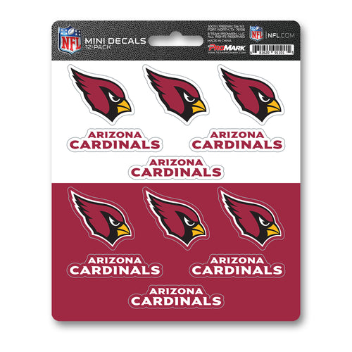 Set of 12 NFL Arizona Cardinals mini decals by Logo Brands, featuring team logo designs for fans and decorating accessories.