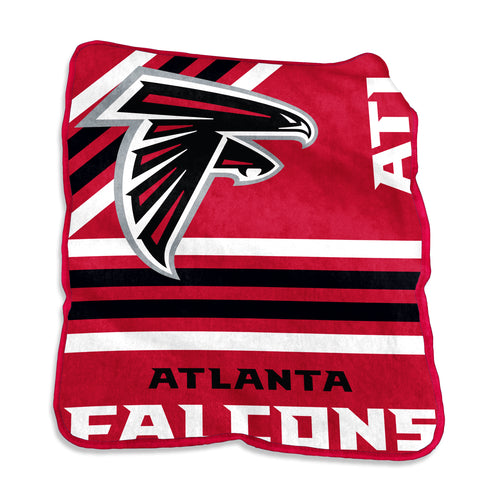 Atlanta Falcons Raschel throw blanket by Logo Brands featuring team logo and vibrant Falcons colors.