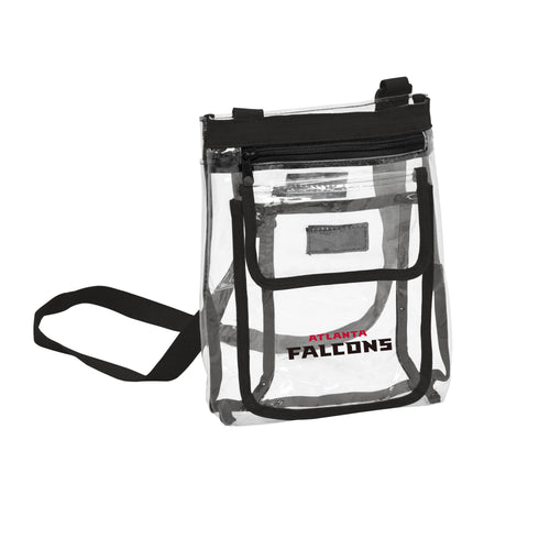 Black clear crossbody bag featuring Atlanta Falcons logo and branding, perfect for fans and game day accessories.