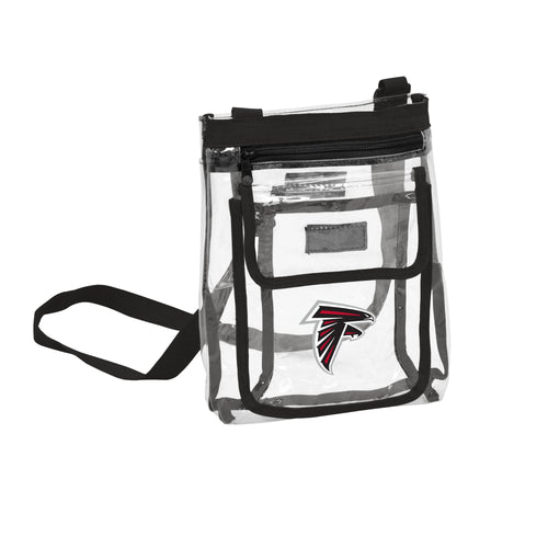 Clear crossbody bag featuring Atlanta Falcons logo and team colors, made by Logo Brands for sports fans.