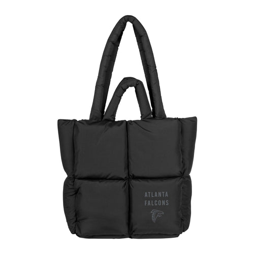 Black puff tote bag featuring Atlanta Falcons logo, made by Logo Brands, with team colors and durable handles.
