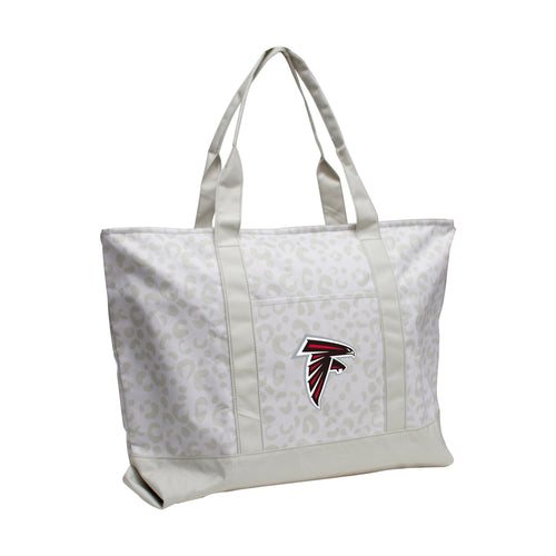 Leopard pattern tote bag featuring Atlanta Falcons logo, stylish bags by Logo Brands with black handles and spacious interior.