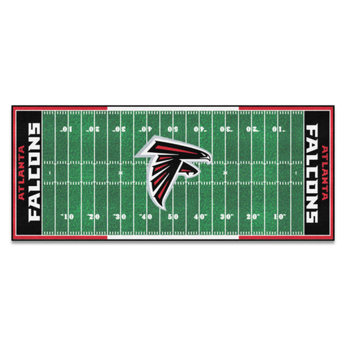 NFL Atlanta Falcons football field runner mat by Logo Brands, featuring the Falcons logo and a detailed football field design.