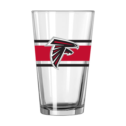 Clear 16oz Atlanta Falcons stripe pint glass featuring team logo, perfect for NFL fans and game day drinking.