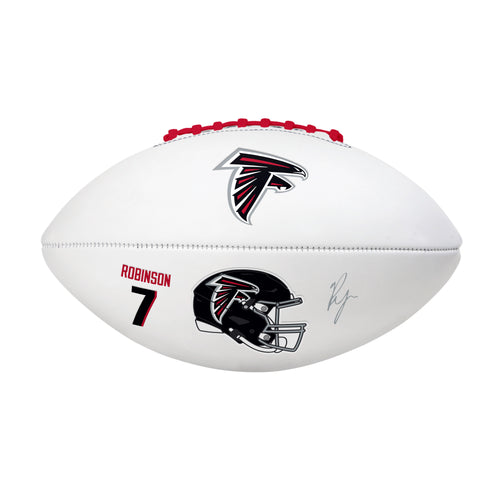 Recreation Atlanta Falcons football with Bijan Robinson's full signature, featuring team logo and player autograph.