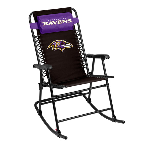 Baltimore Ravens bungee rocker chair by Logo Brands featuring team colors and logo, designed for comfortable outdoor seating.